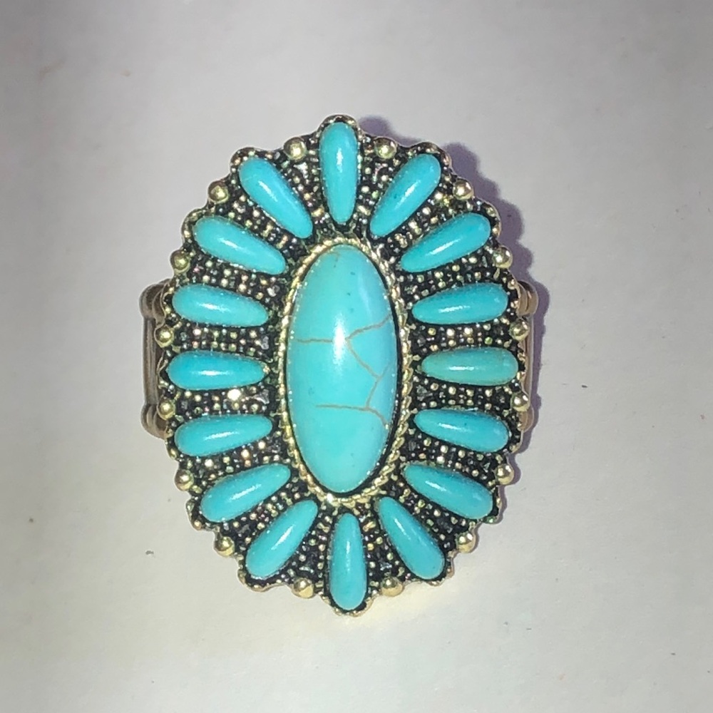 Antique Gold Tone Faux Turquoise Sunburst Statement Ring - Blue Stone